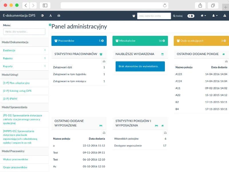 E-dokumentacja DPS - panel główny systemu